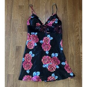 Victoria Secret Sexy Little Things 2007 Satin Babydoll Slip Dress Black Floral S